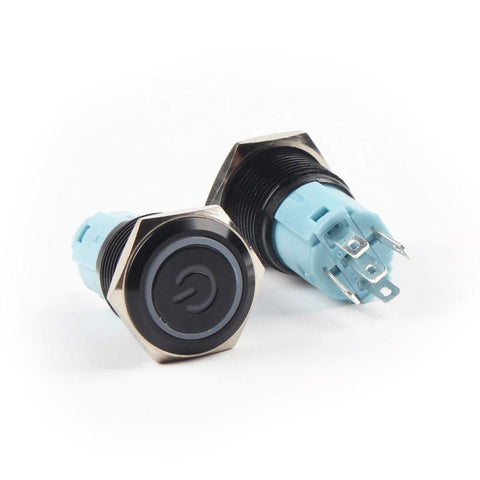 Botão 16mm LED sem trava preto power 24V Inox